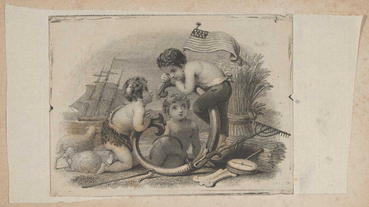 Bankbiljet vignet met drie putti als een herder, een boer en een zeeman, ca. 1824-37 door Asher Brown Durand.