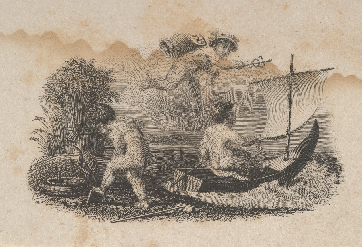 Bankbiljet vignet met drie putti die handel en landbouw symboliseren, ca. 1824-37 door Asher Brown Durand.