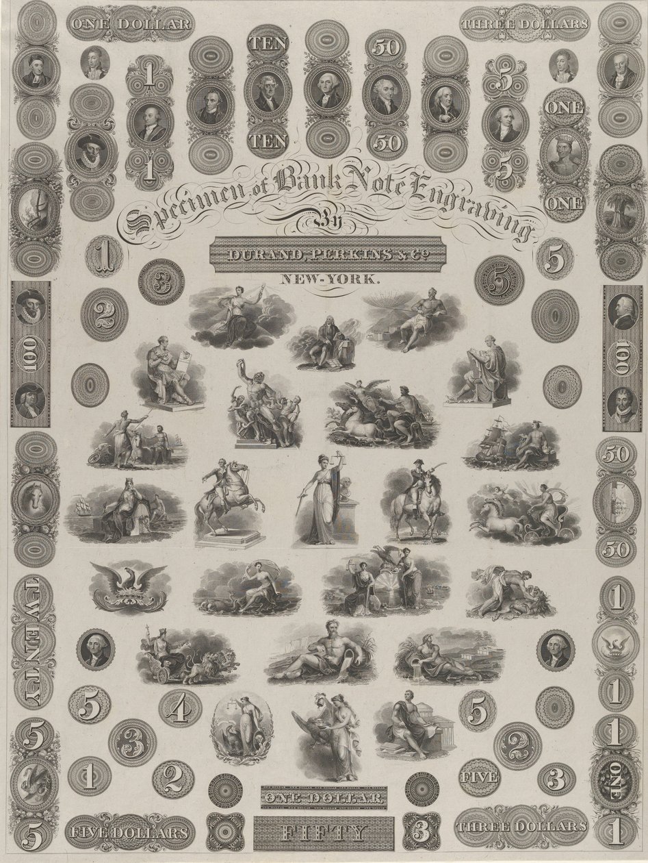Voorbeeldblad van Bankbiljet Gravure door Asher Brown Durand
