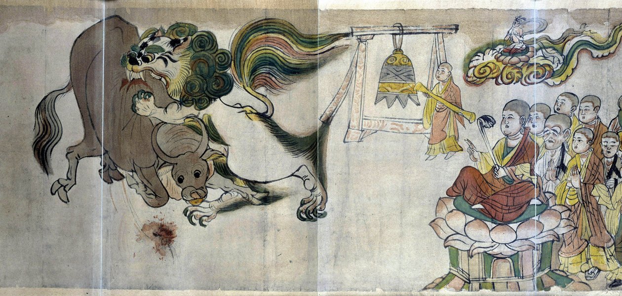 De triomf van Sariputra over de ketters. De wijze Sariputra bewijst de superioriteit van het boeddhisme door een leeuw te tonen door middel van een wonder: het hert verslindt een stier die een ketterse magiër heeft opgeroepen door Asian School