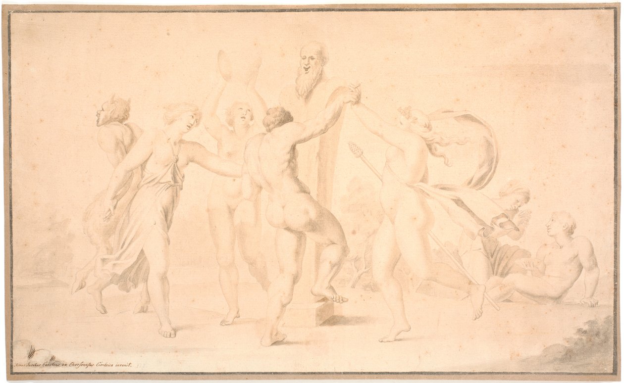 Bacchanaal. Een satyr, een bacchante en drie bacchanten dansen rond Priapusbeeld door Asmus Jacob Carstens