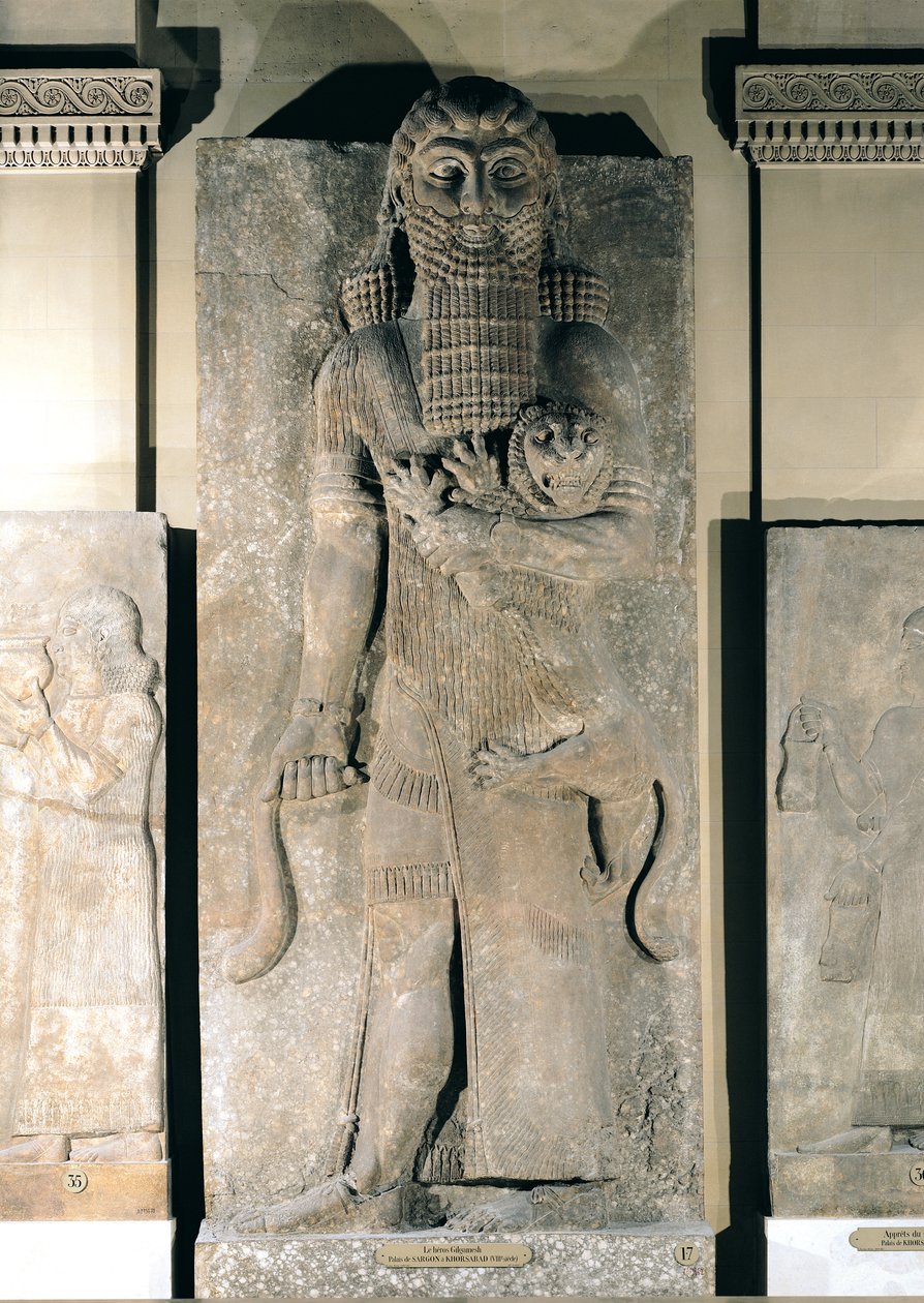 De held Gilgamesj die een leeuw vasthoudt die hij heeft gevangen, stenen reliëf uit het Paleis van Sargon II in Khorsabad (Irak), ca. 725 v.Chr. door Assyrian School
