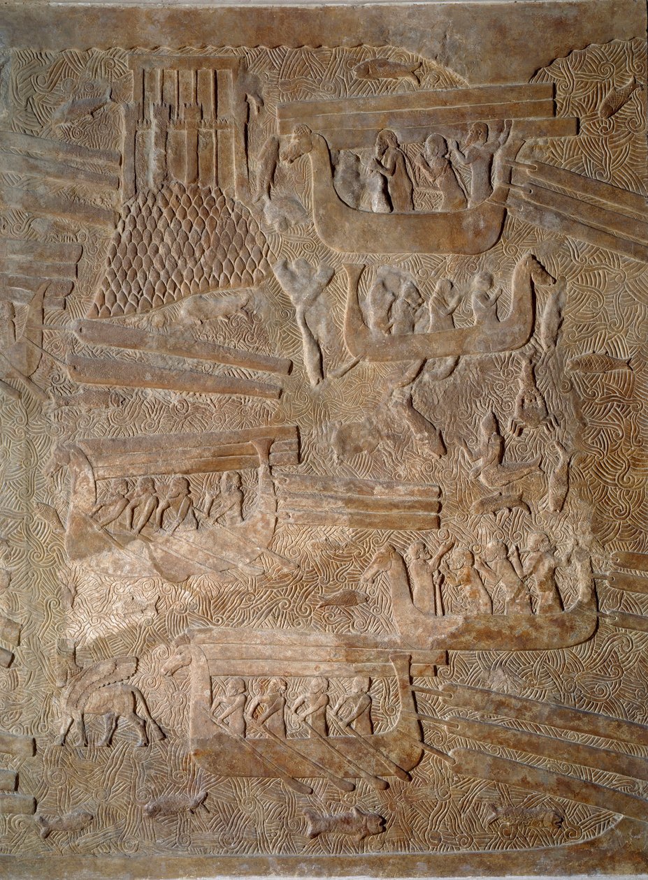Kunst Mesopotamië (Assyrië): binnenplaats van het paleis van de koning van Assyrië Sargon II (721 - 705 v.Chr.) transport van cederhout uit Libanon. Parijs, Musee Du Louvre door Assyrian
