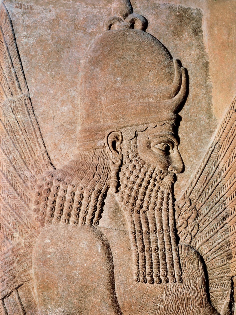 Detail van een albasten reliëf dat een beschermende gevleugelde genie voorstelt, uit het paleis van Sargon II (Dur Sharrukin), koning van Assyrië in Khorsabad, Irak. 722-705 v.Chr. door Assyrian