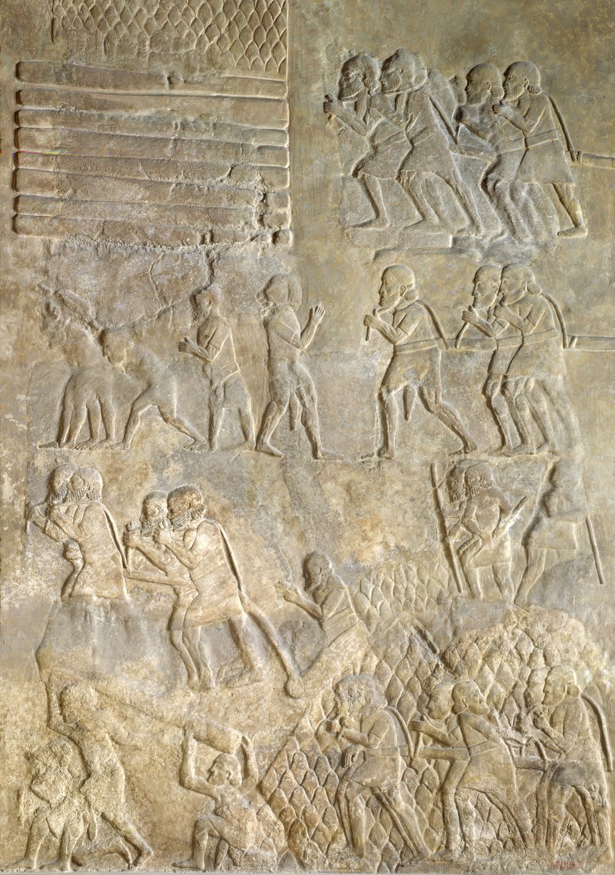 Reliëf dat dragers toont die hout naar de kust brengen voor transport over zee, uit het paleis van Sargon II, Khorsabad, Irak door Assyrian