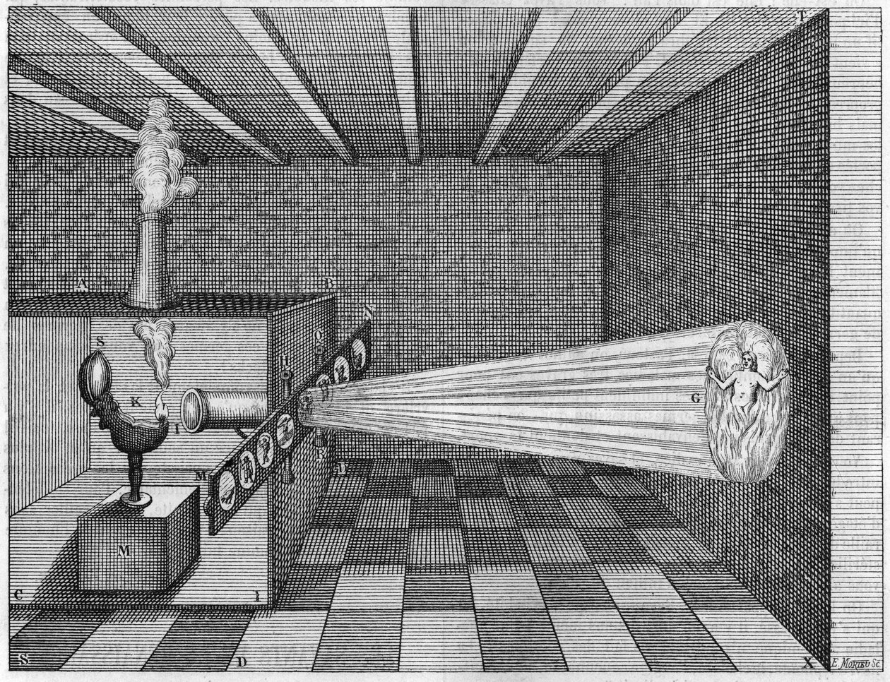 Een camera obscura (toverlantaarn) projecteert het beeld van een man die in de hel brandt - (toverlantaarn. Toverlantaarn van pater Kircher. Vroege lantaarnschuifprojector) In 