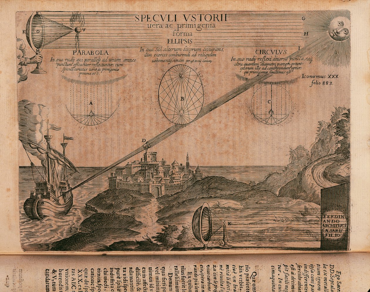 Brandende spiegels van Archimedes, gravure uit Ars magna lucis et umbrae door Athanasius Kircher