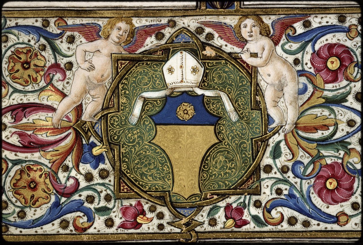 Missaal van Thomas James: detail van het wapen van de commissaris, "Or, on a chief azure a rose Or". door Attavante degli Attavanti