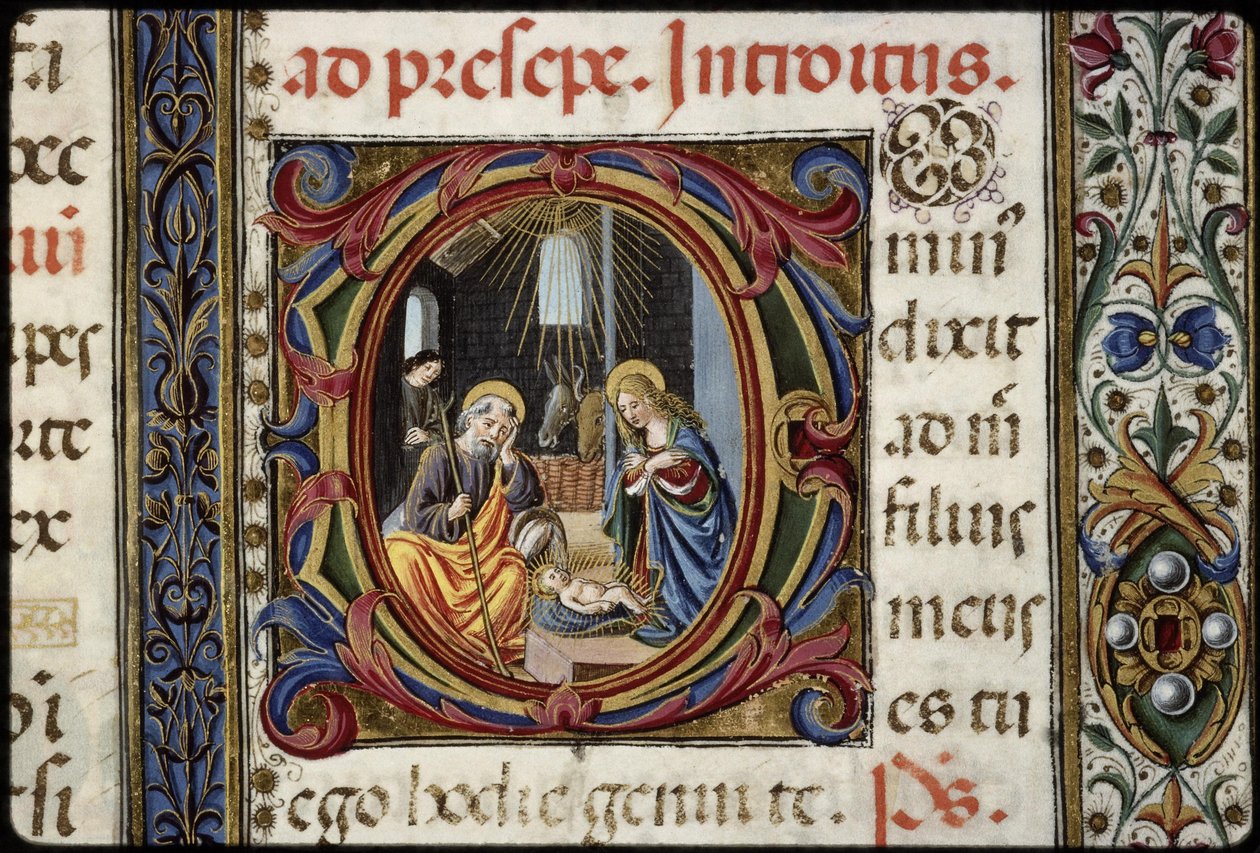 Missaal van Thomas James: detail van een letter D: de Geboorte. door Attavante degli Attavanti