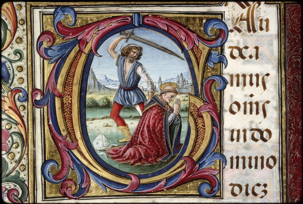Missaal van Thomas James: detail van een opschrift G: het martelaarschap van de heilige Thomas Becket. door Attavante degli Attavanti