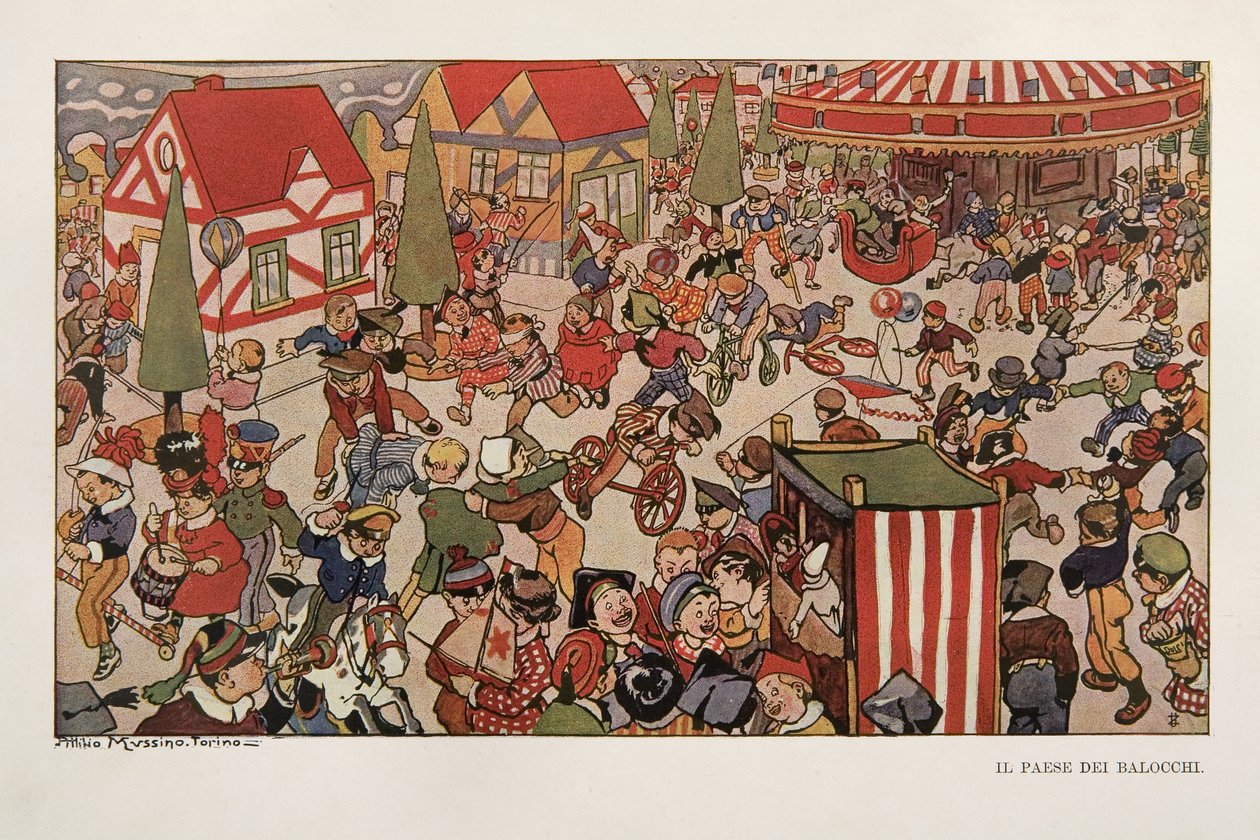 Het Land van Speelgoed, illustratie uit Pinokkio door Attilio Mussino