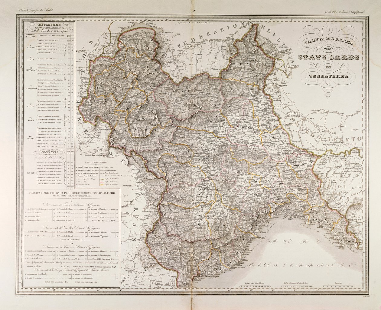 Sardijnse Staten op het vasteland. Kaart door Attilio Zuccagni-Orlandini, uit de Geografische Atlas van Italiaanse Staten, Florence, gravure op koper door Attilio Zuccagni Orlandini