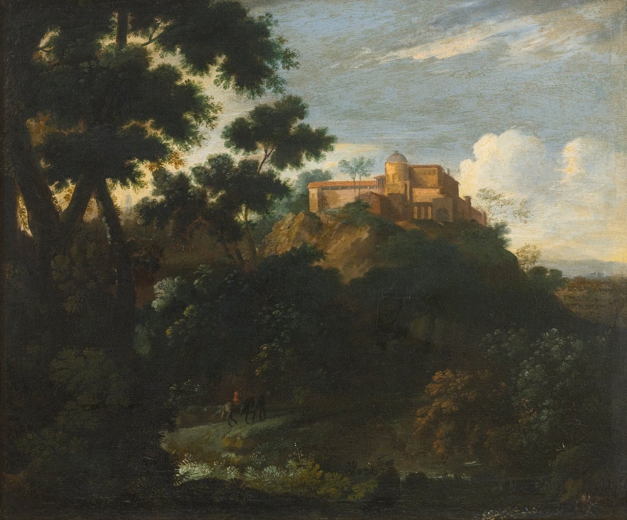 Bosrijk berglandschap met reizigers op een pad, een villa verderop door Jean Francois Millet