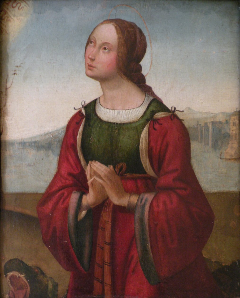 Frans: Sainte Marguerite en prière Sint Margaretha biddend door attributed to Lorenzo Costa