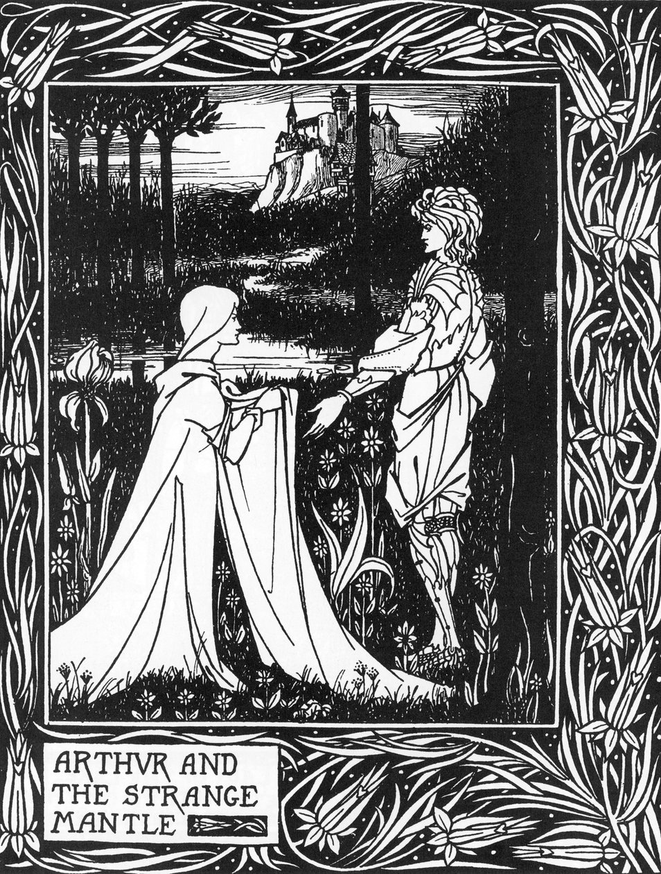 Koning Arthur ontvangt het bezoek van een jong meisje gestuurd door de fee Morgane (Koning Arthur en de vreemde mantel gestuurd door Morgan de fee) Illustratie door Aubrey Beardsley (1872-1898) uit Thomas Malory