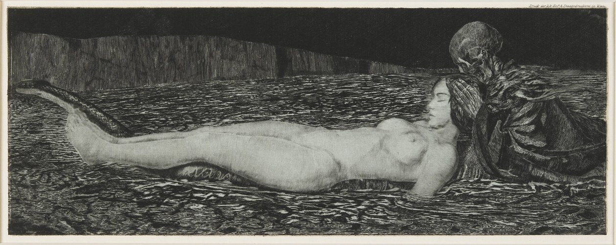 Een dode vrouw, uit de serie Dood en het meisje door August Bromse