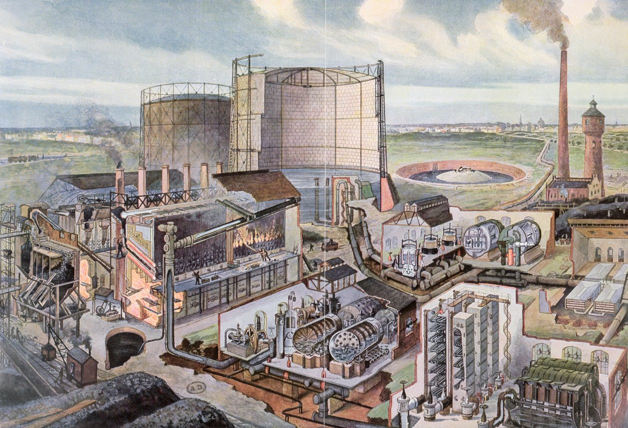 Dwarsdoorsnede van een gasfabriek door August Dressel