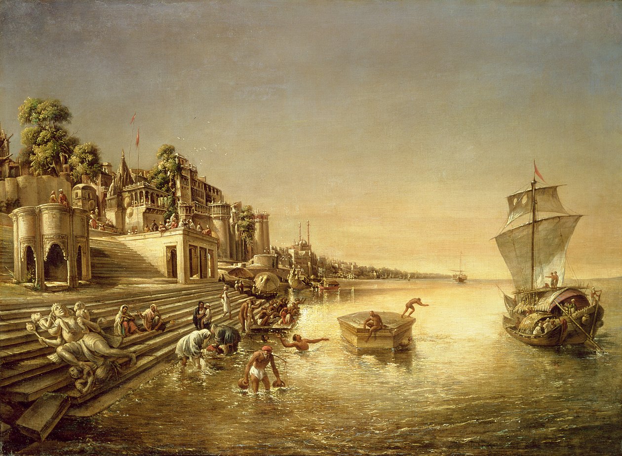 Uitzicht op Benares met badende en biddende mensen in de Ganges door August Theodor Schoefft