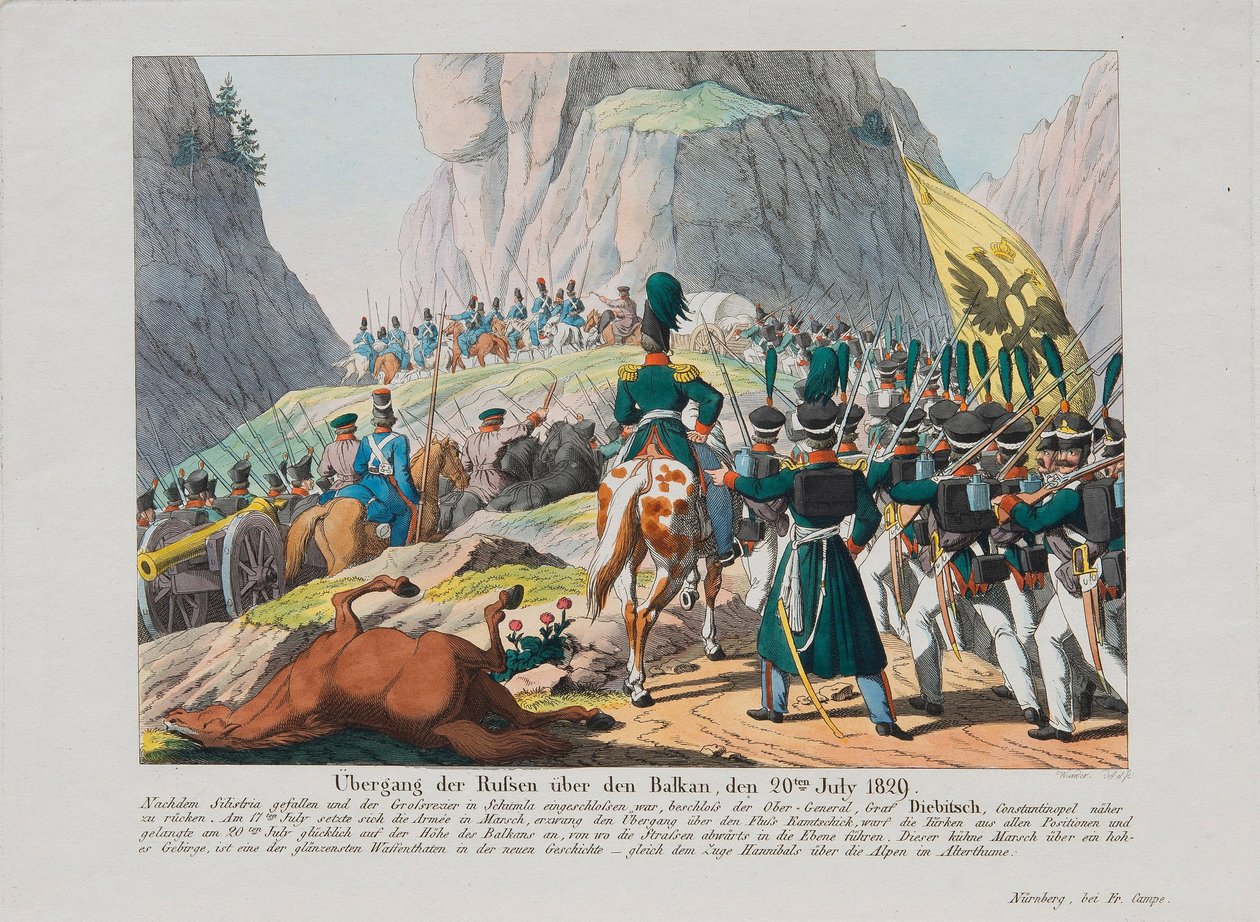 Het leger van graaf Ivan Ivanovich Diebitsch steekt de Balkan over, ca. 1830 door August Friedrich Andreas Campe