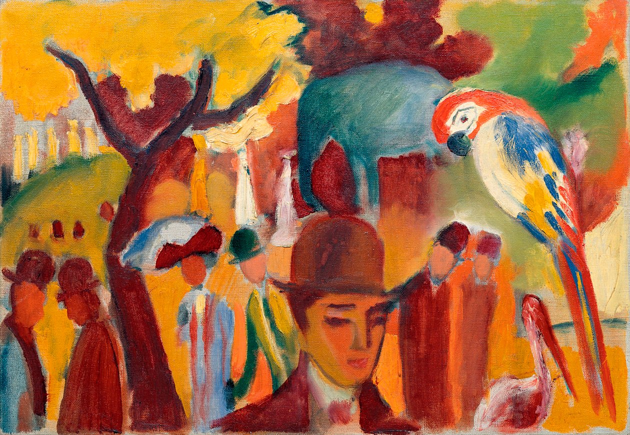 De kleine dierentuin in bruin en geel door August Macke