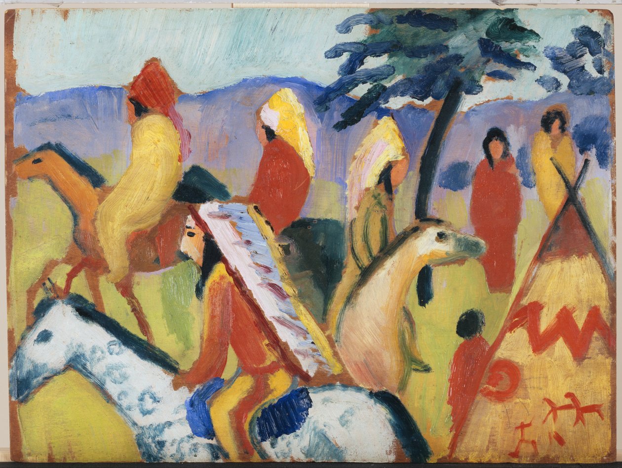 Indianen rijden bij de tent door August Macke
