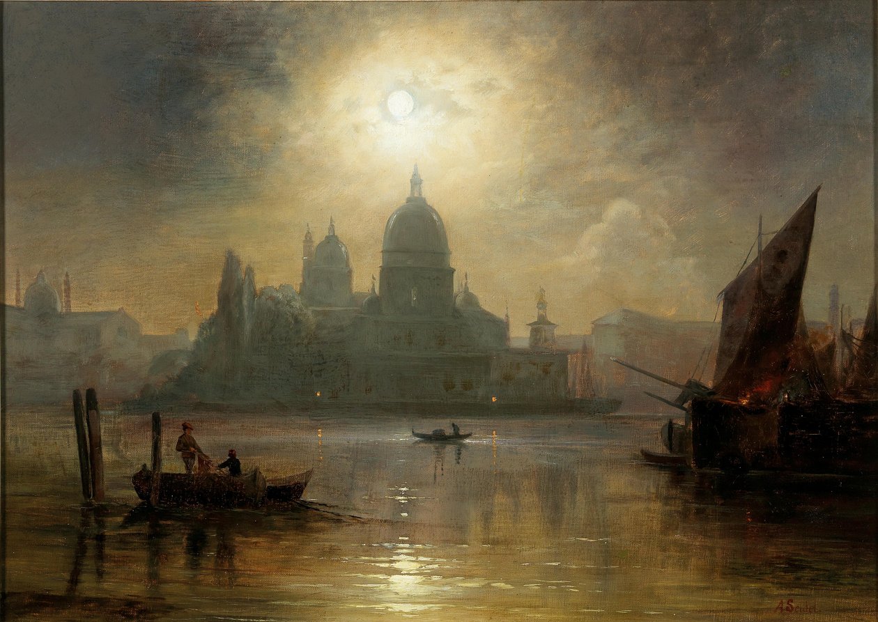 Venetië, een maanverlichte nacht boven de Santa Maria della Salute door August Seidel