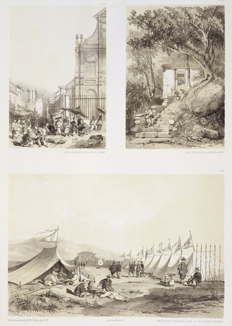 Een Portugese kerk en een Chinese straat in Macao, een oude tempel bij de barrière in Macao en een Chinees kamp en de muur die het eiland scheidt van het schiereiland Macao, platen 14, 15 en 16 door Auguste Borget