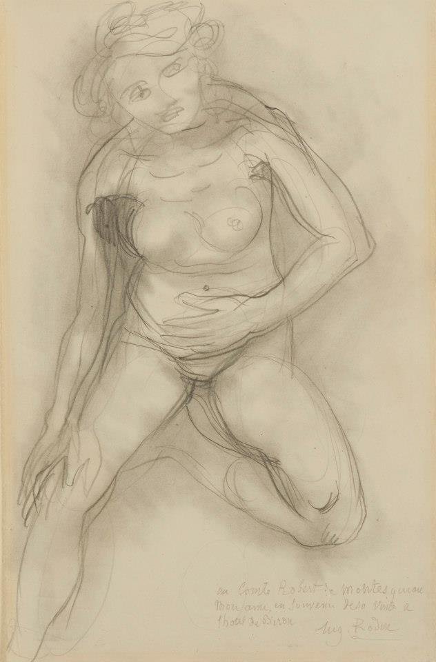 Naakte zittende vrouw van voren, met een opgetrokken been door Auguste Rodin
