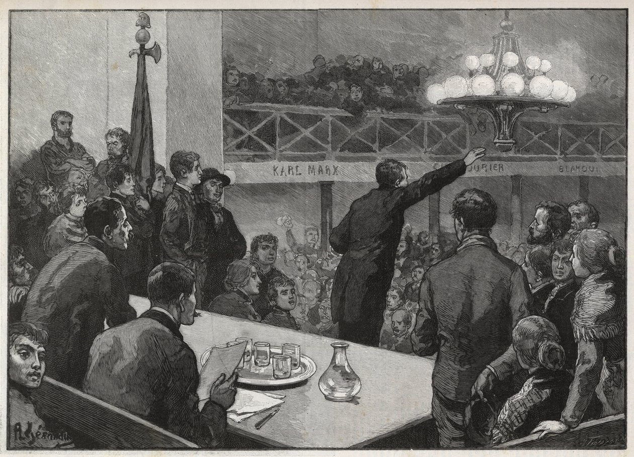 Vergadering voor de staking bij de Vooruit in 1885 - gravure in 1885 