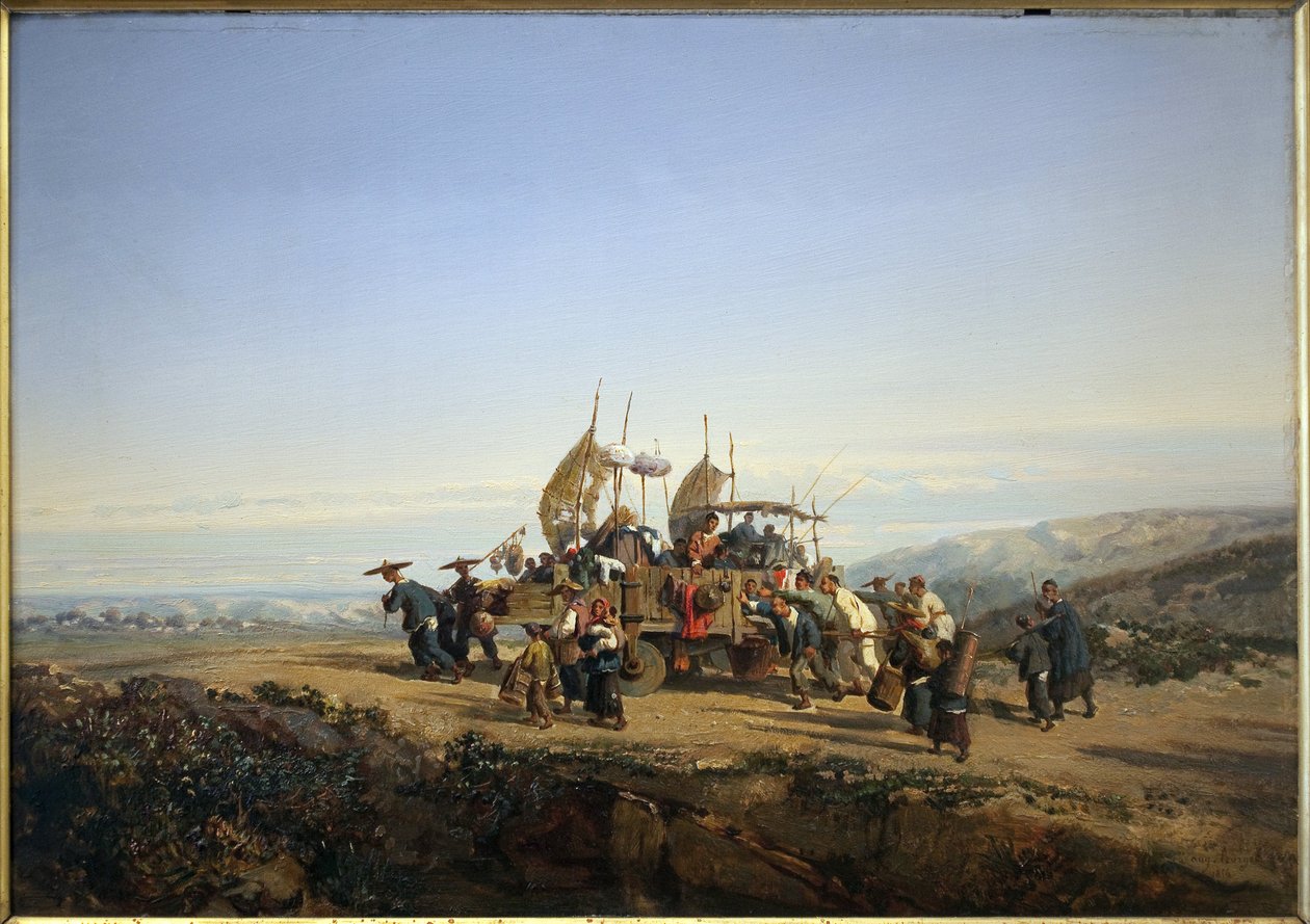 Reizigers gebruiken een wagen met zeilen en worden geschoten door mannen. Schilderij door Auguste Borget door Auguste Borget