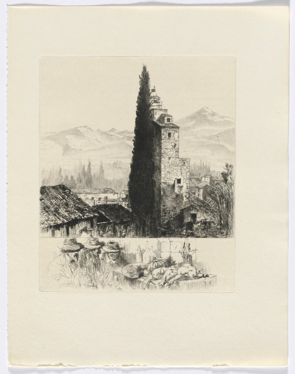 Frédéric Mistral: Mémoires et Recits van Frédéric Mistral: toren in landschap/ man en dood wild (invoegen na p. 200) door Auguste Brouet