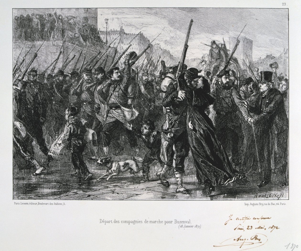 Franse soldaten vertrekken naar Buzenval, Beleg van Parijs, Frans-Pruisische Oorlog, 18 januari 1871 1872 door Auguste Bry