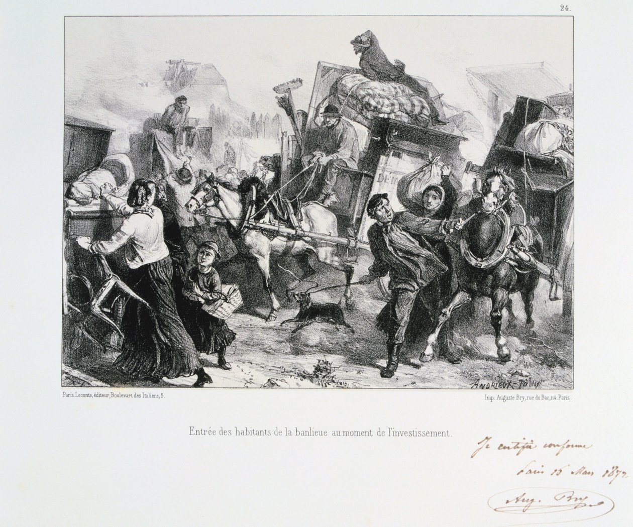 Bewoners van de buitenwijken arriveren in Parijs voordat de Pruisen de stad belegeren, 1870 1872 door Auguste Bry