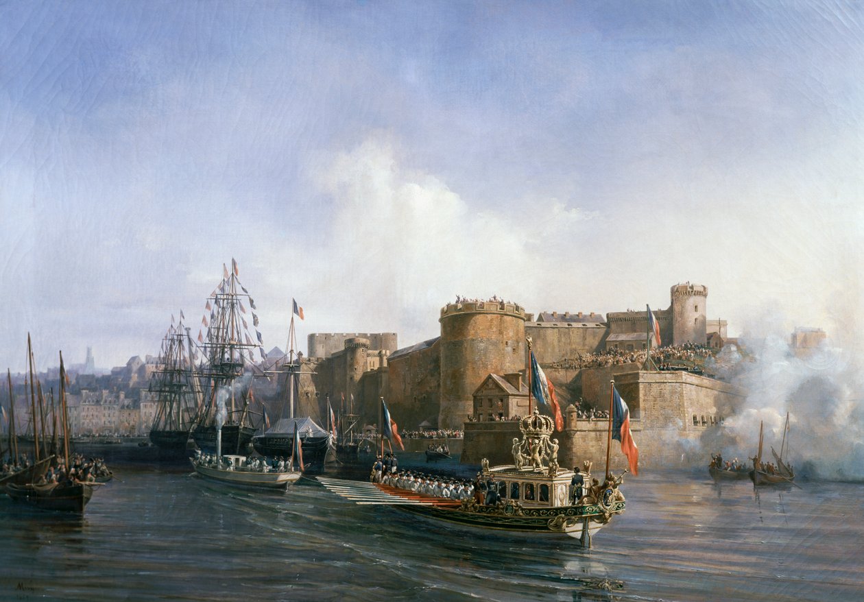 Bezoek van Napoleon III in Brest, de boot van de keizer komt de haven binnen op 11 augustus door Auguste Etienne Francois Mayer
