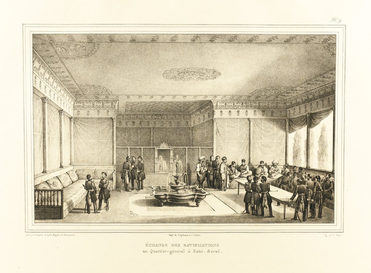 Ondertekening van het verdrag van Adrianopel in het oude paleis van Edirne door Auguste Joseph Desarnod
