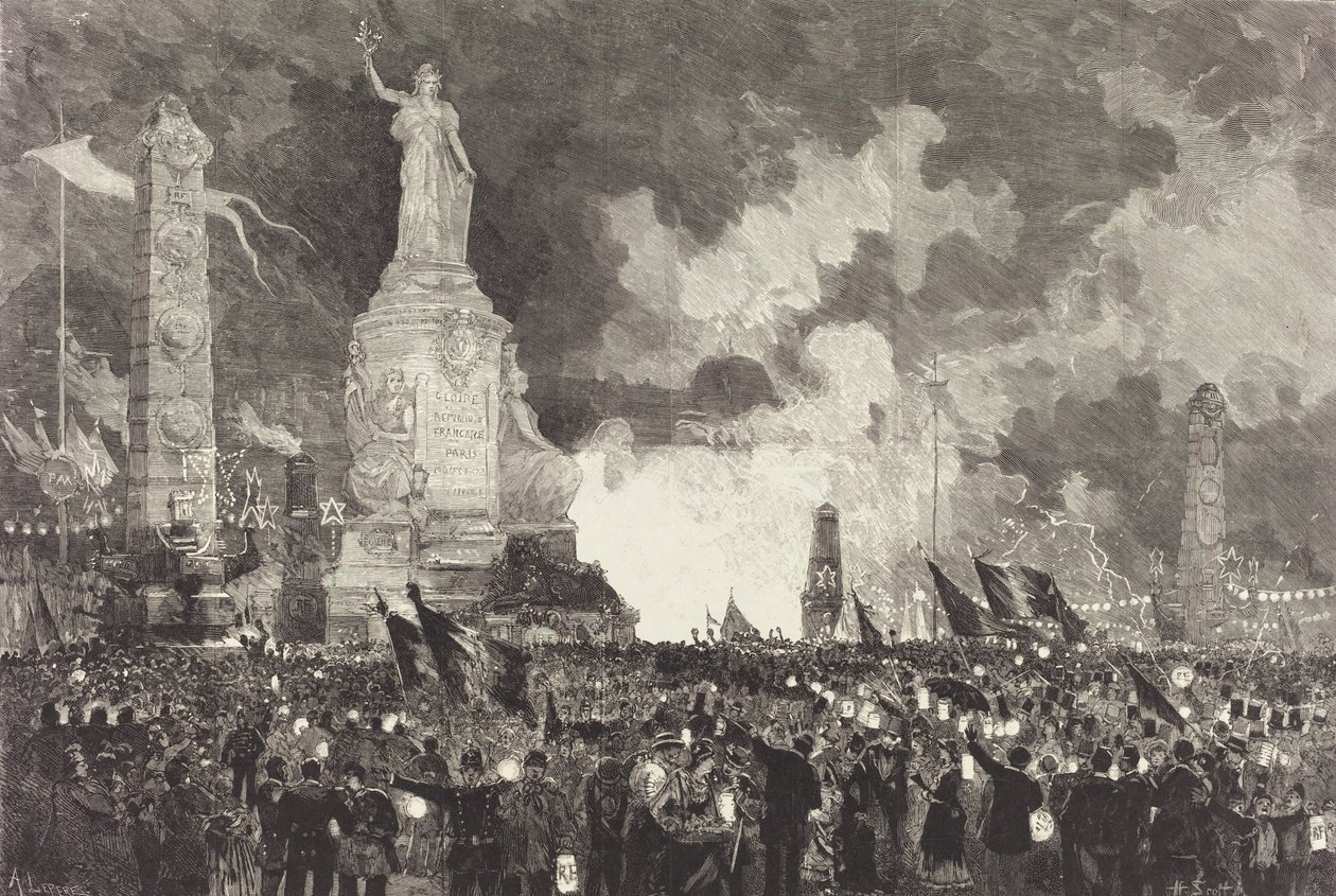 14 juli. Verlichting van het Place de la République door Auguste Lepere