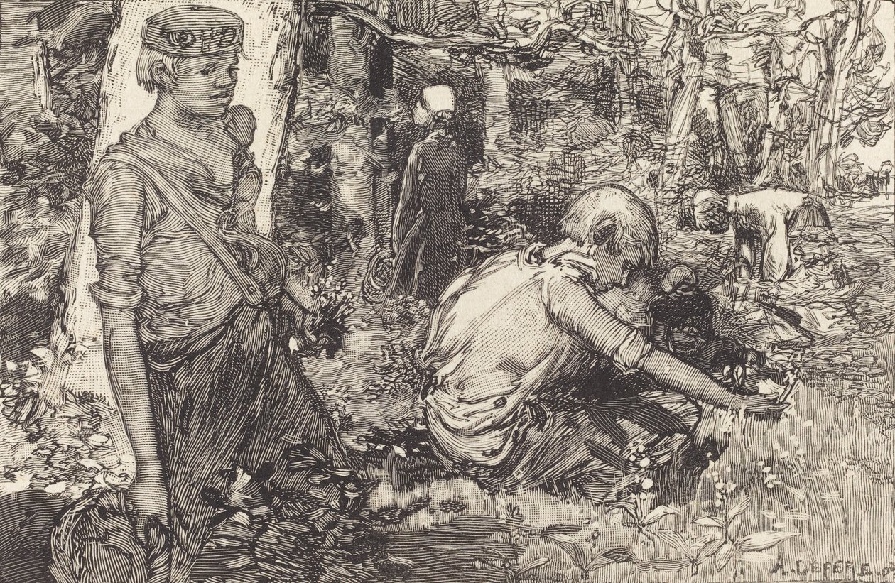 Verzameling van meiklokjes La cueillette du muguet, 1908 door Auguste Lepere