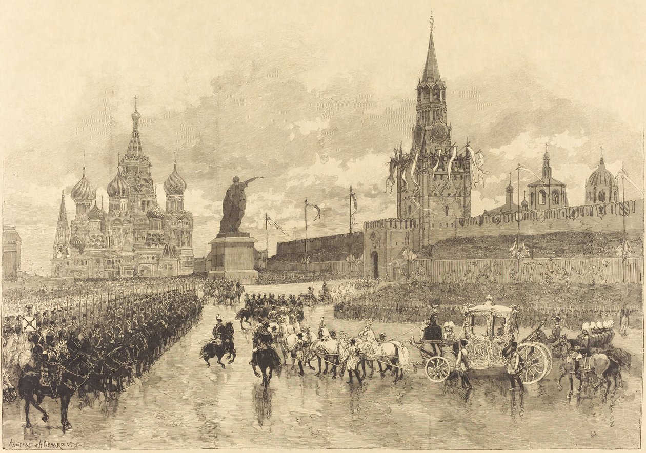 De Kroning van de Tsaar. De Keizerlijke Processie doorkruist het Koninklijk Plein, 1883 door Auguste Lepere