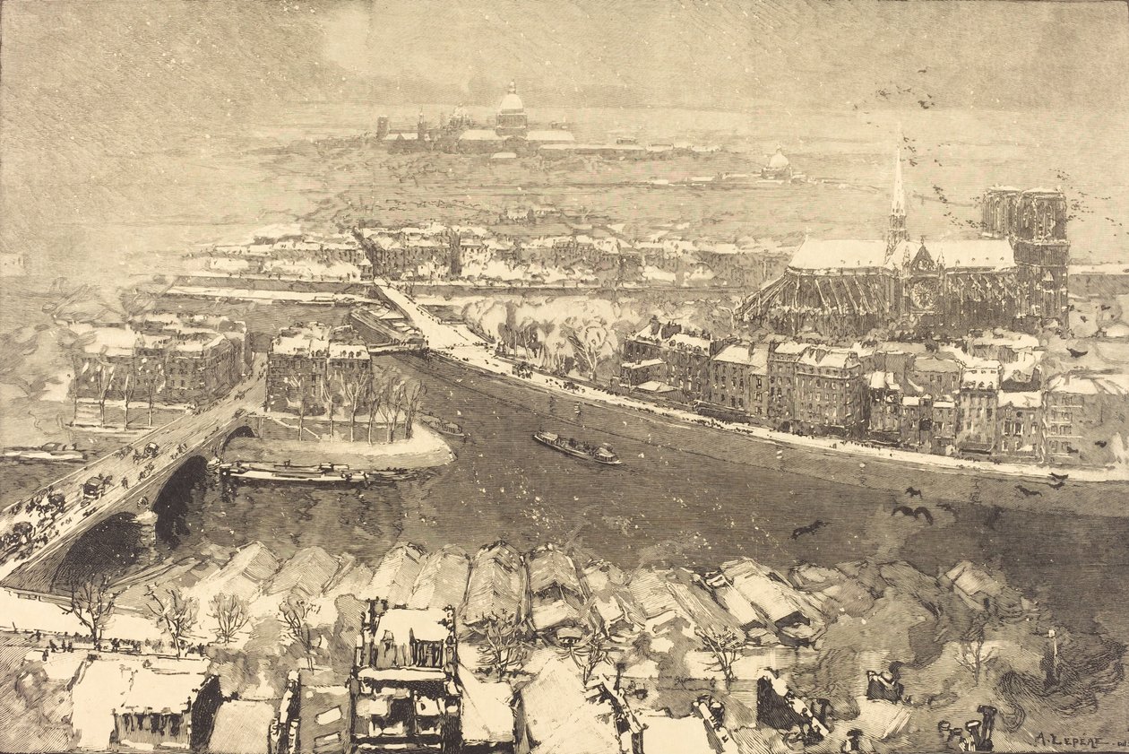 Parijs onder sneeuw, uitzicht vanaf St.-Gervais door Auguste Lepere