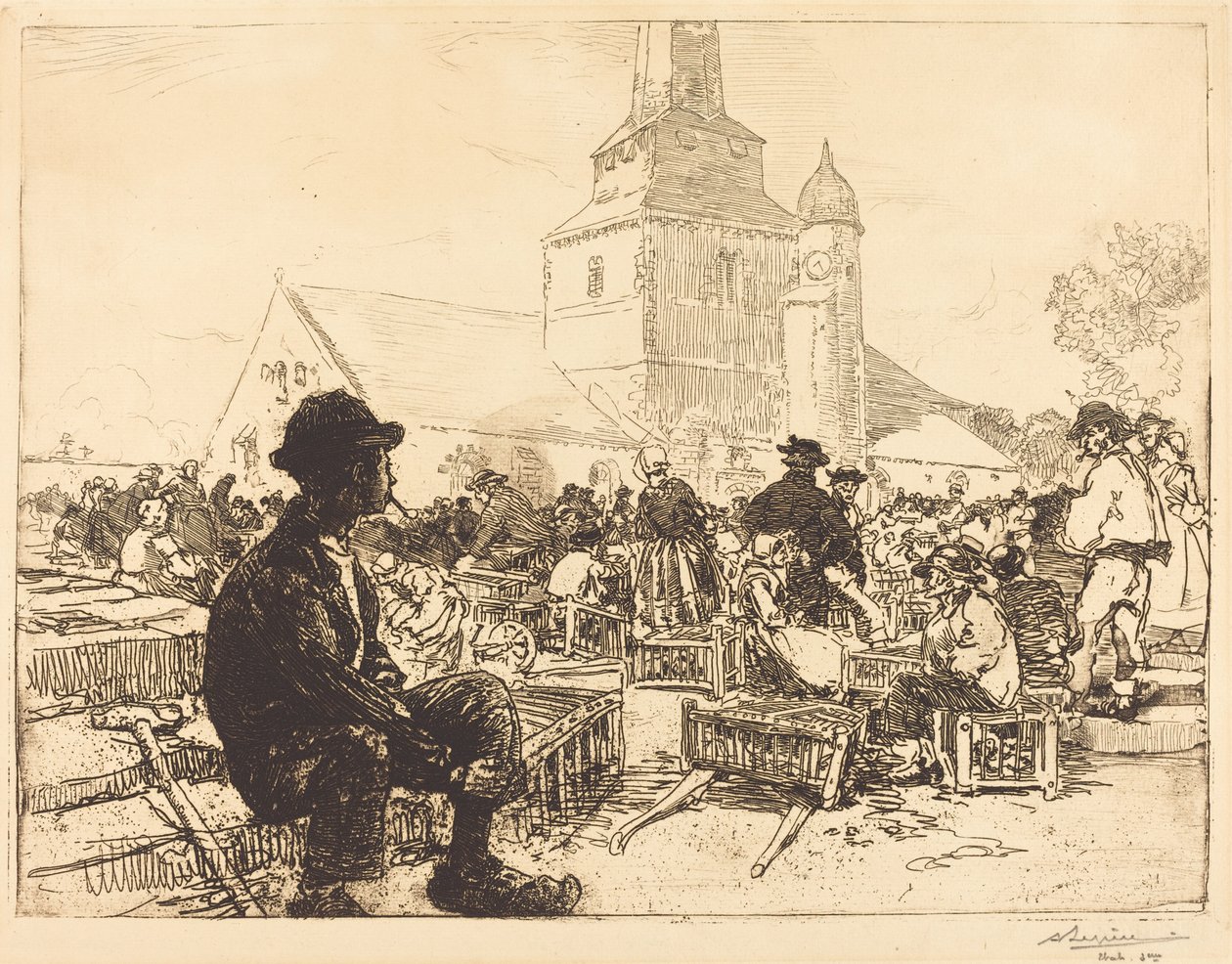 Pluimveemarkt in St.-Jean-de-Mont door Auguste Lepere