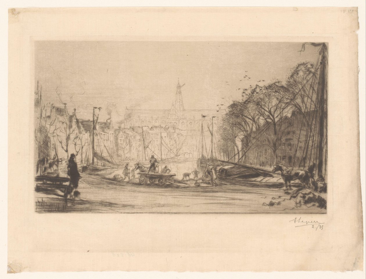 Gezicht op het Spaarne en de Sint Bavo door Auguste Lepère (signed by artist)
