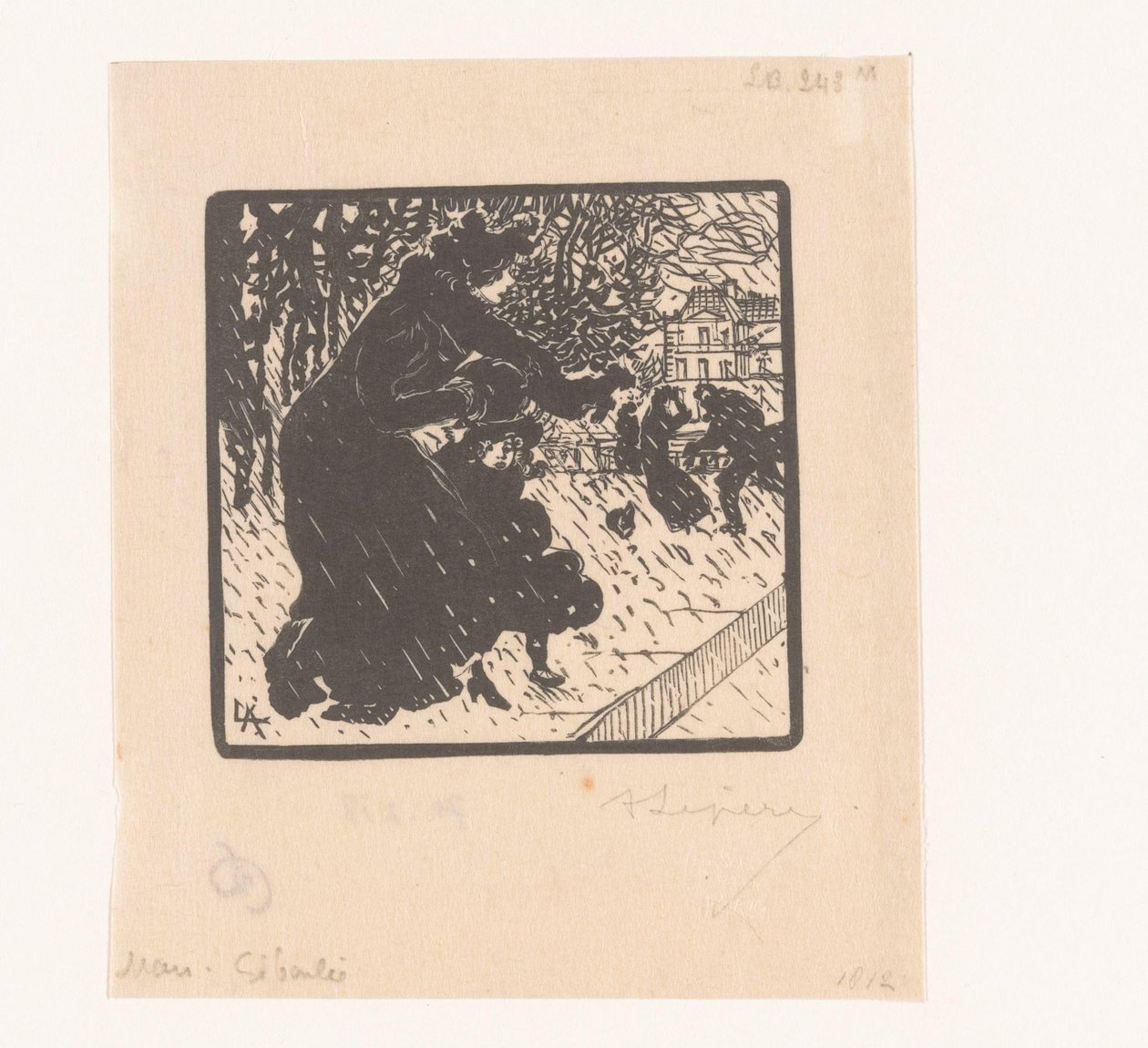 Vrouw en kind in een regenbui door Auguste Lepère (signed by artist)