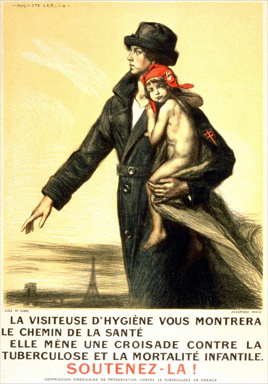 De hygiënebezoekster wijst je de weg naar gezondheid, ze bestrijdt tuberculose en kindersterfte - poster van de Amerikaanse commissie voor het behoud van tuberculose in Frankrijk, ill. door Auguste Leroux (1871-1954) door Auguste Leroux