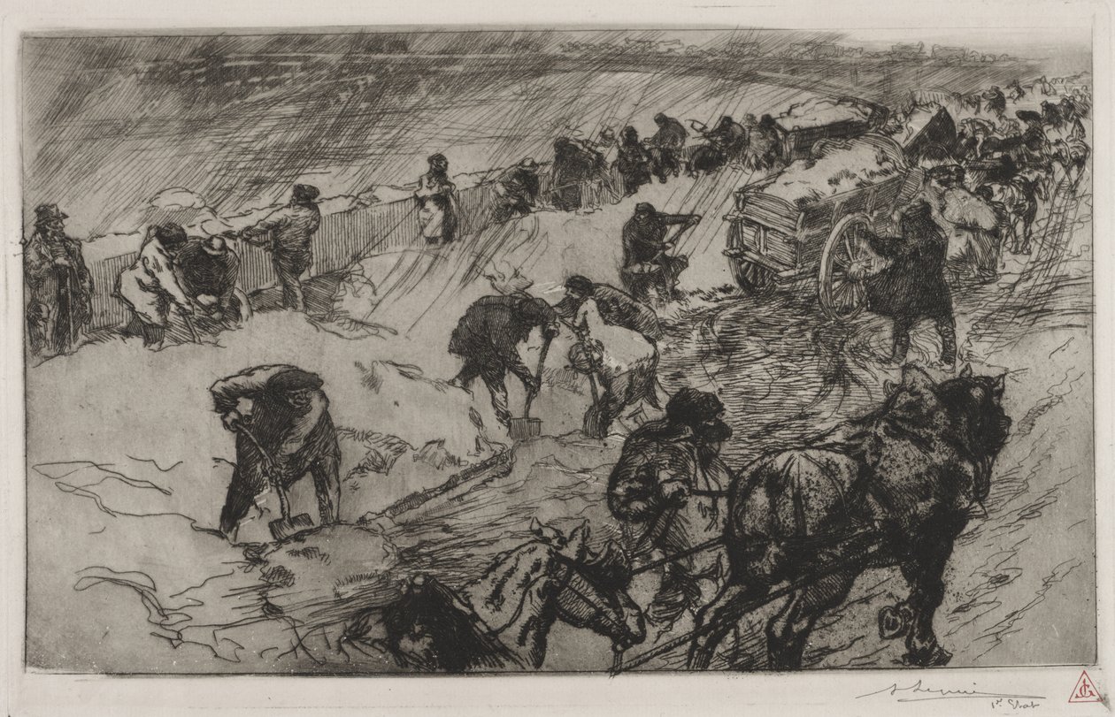 Gevecht tegen de sneeuw, Quai aux Fleurs door Auguste Louis Lepère