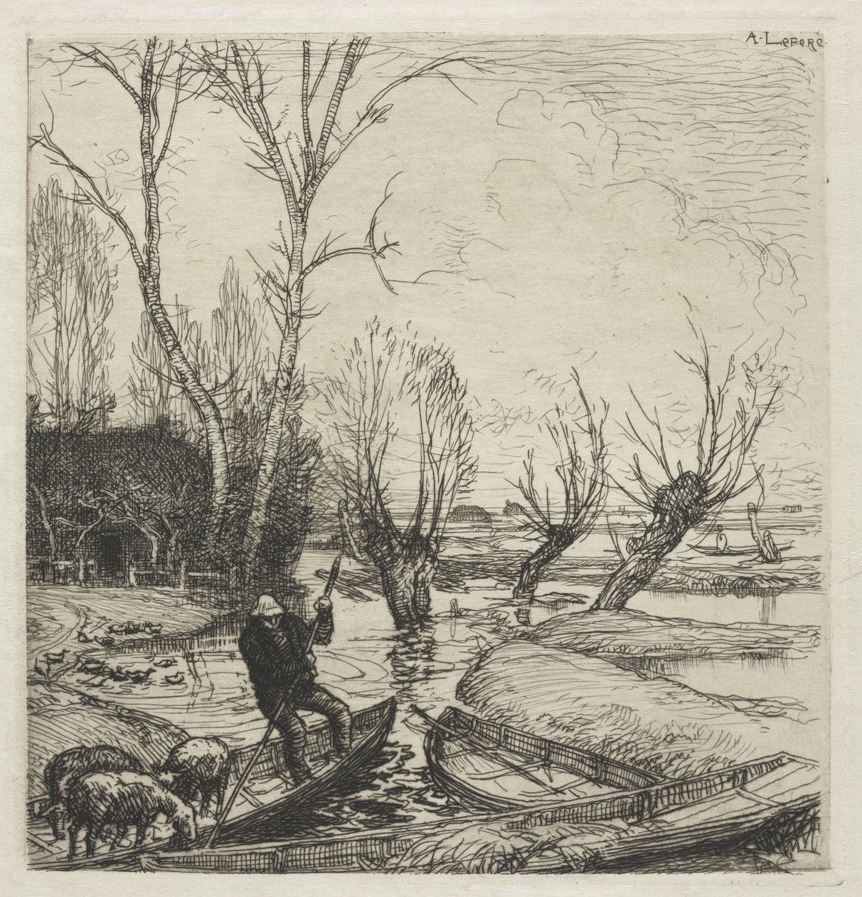 Man in een boot met drie schapen door Auguste Louis Lepère