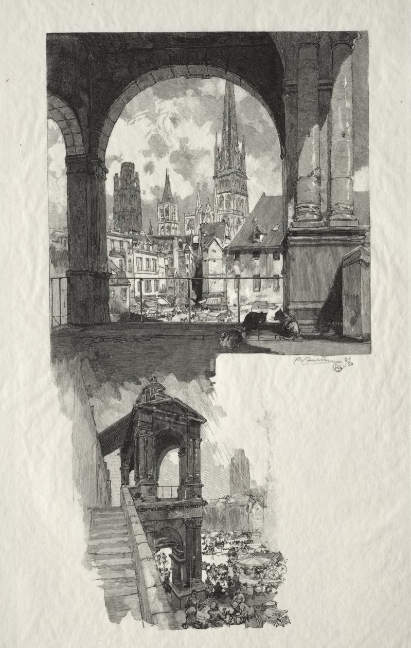 Rouen Illustré: Place de la Haute Vieille Tour; Edicule de la Fierte door Auguste Louis Lepère