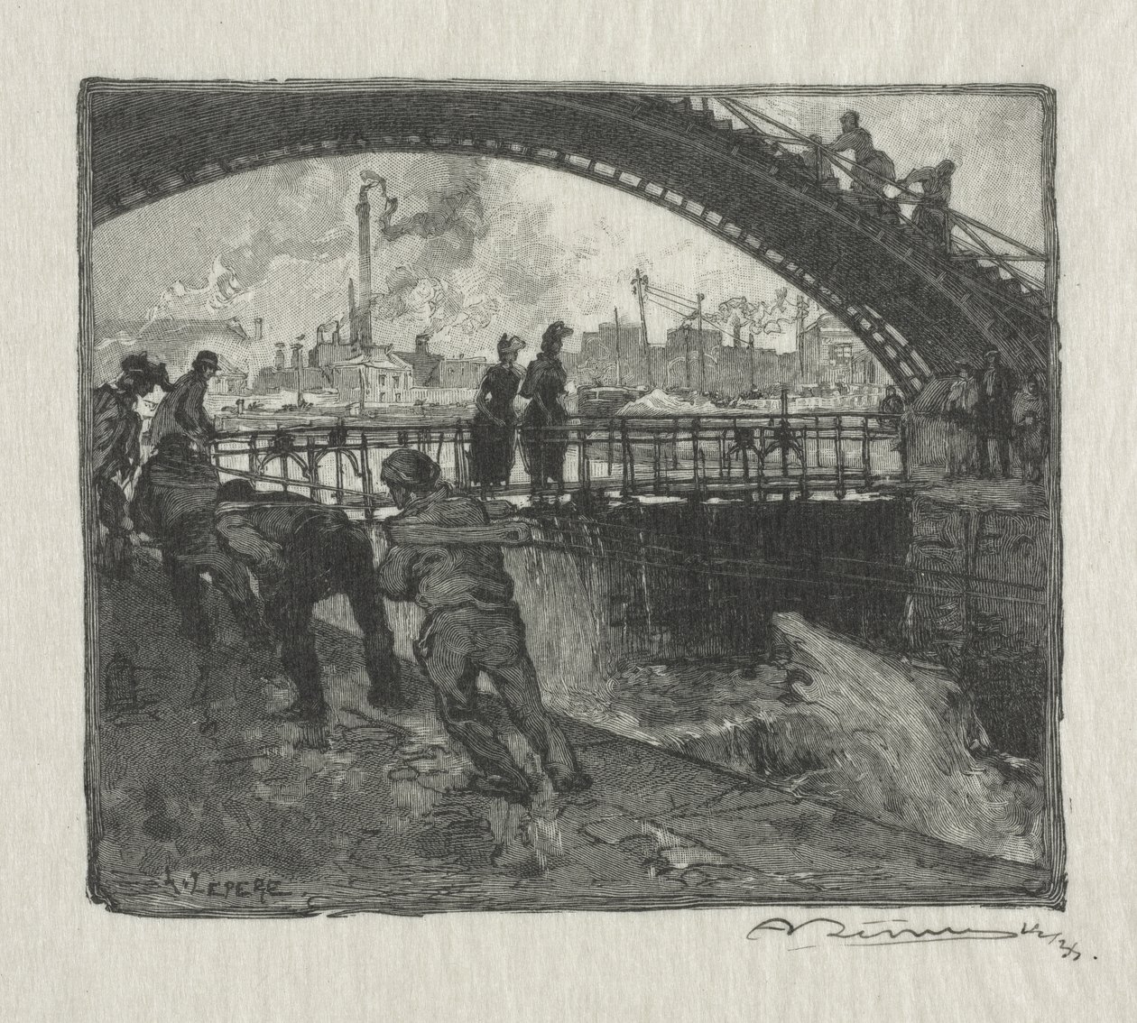 De sluis van het St. Martin-kanaal door Auguste Louis Lepère