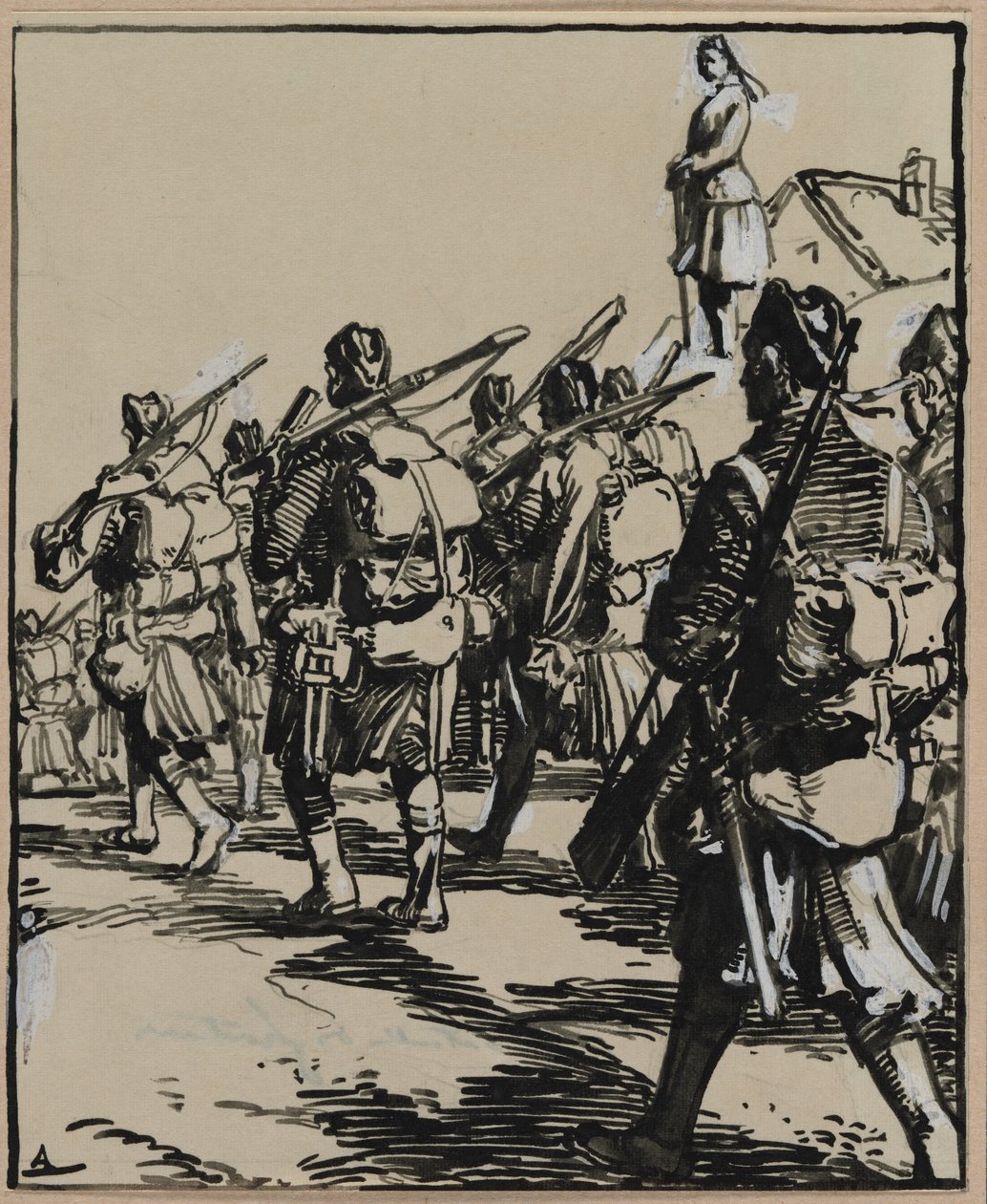 Bataille des frontières: groep Britse soldaten, 1914 door Auguste Louis Lepère