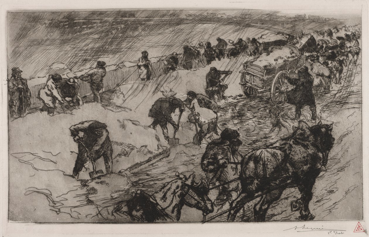 Gevecht tegen de sneeuw, Quai aux Fleurs door Auguste Louis Lepère