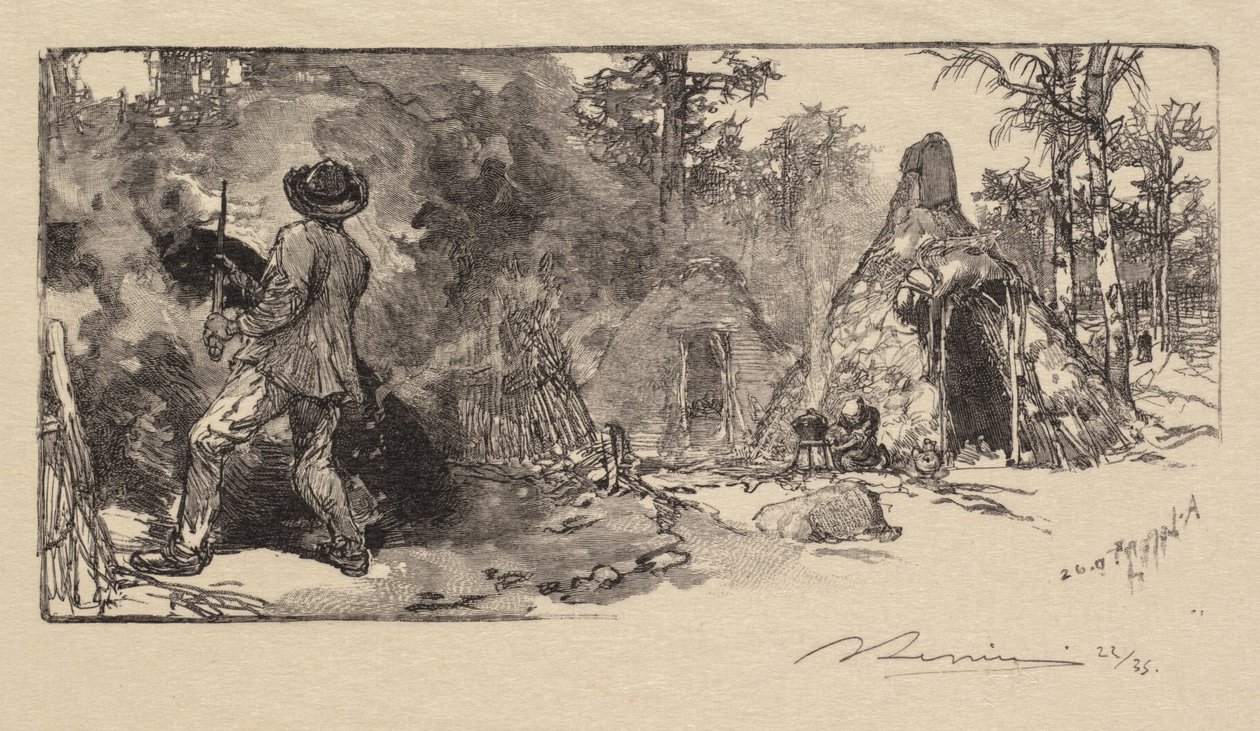 Fontainebleau-bos: Kolenscheppers La Forêt de Fontainebleau: Les Charbonniers, 1890 door Auguste Louis Lepère